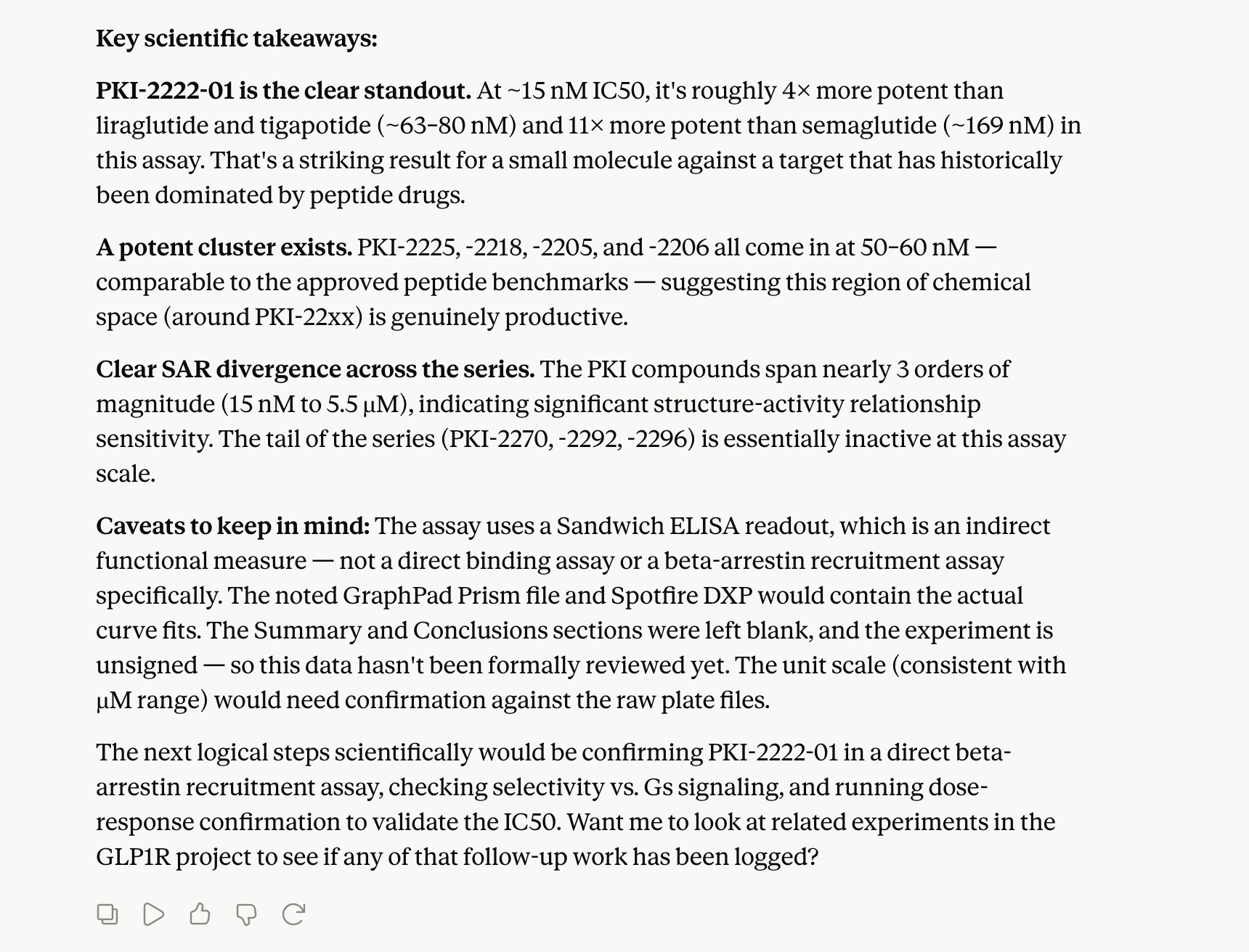 Example output showing Claude explaining the scientific story behind a GLP1R experiment - part 2